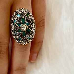 NEW Statement Cocktail Victorian Style Turquoise and Gold Ring with Rhinestones